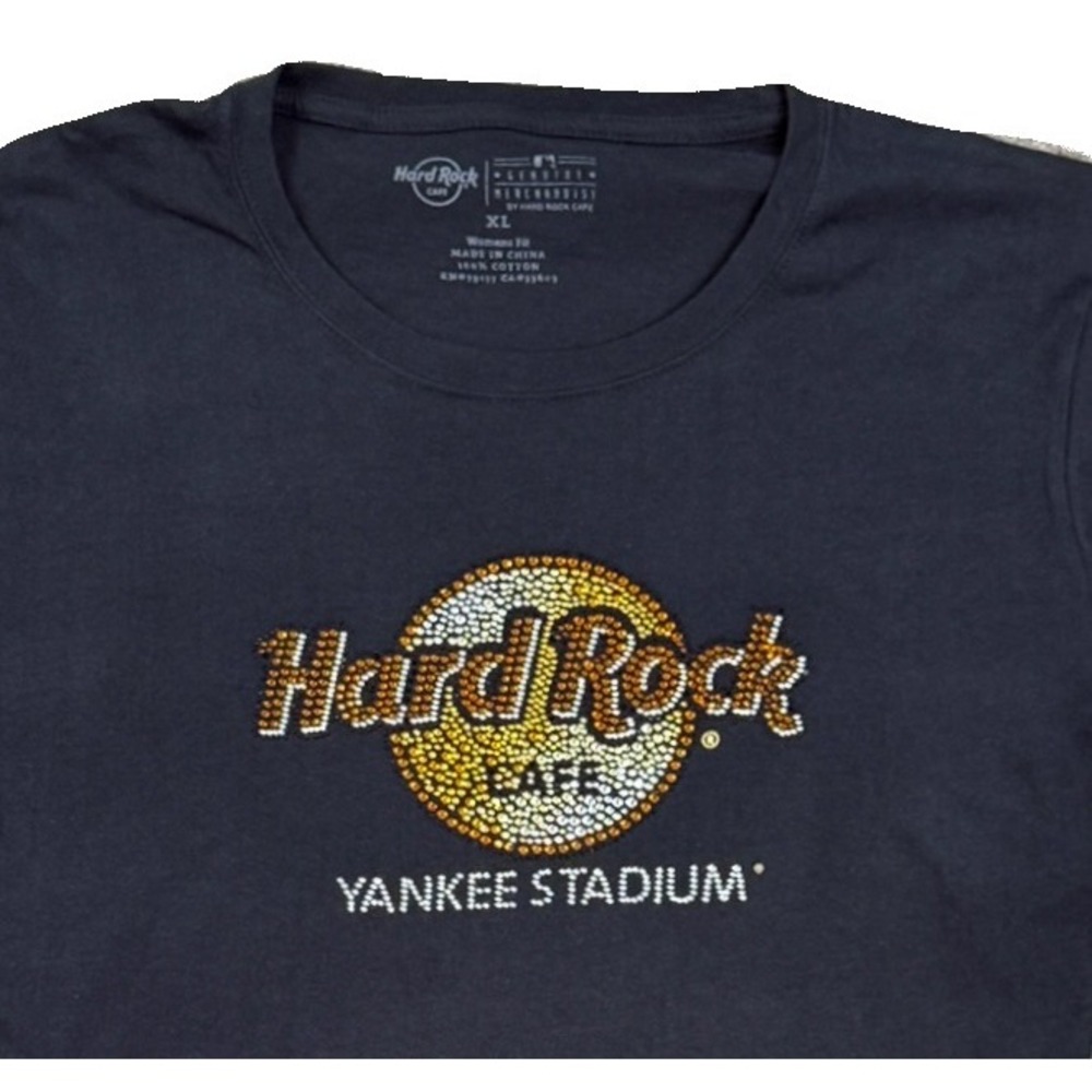 Hard Rock Cafe Yankee Stadium T-Shirt Womens XL Black Rhinestone MLB Graphic Tee